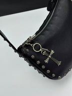 Silver Flower Button Black Leather Handbag™