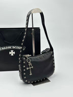 Silver Flower Button Black Leather Handbag™