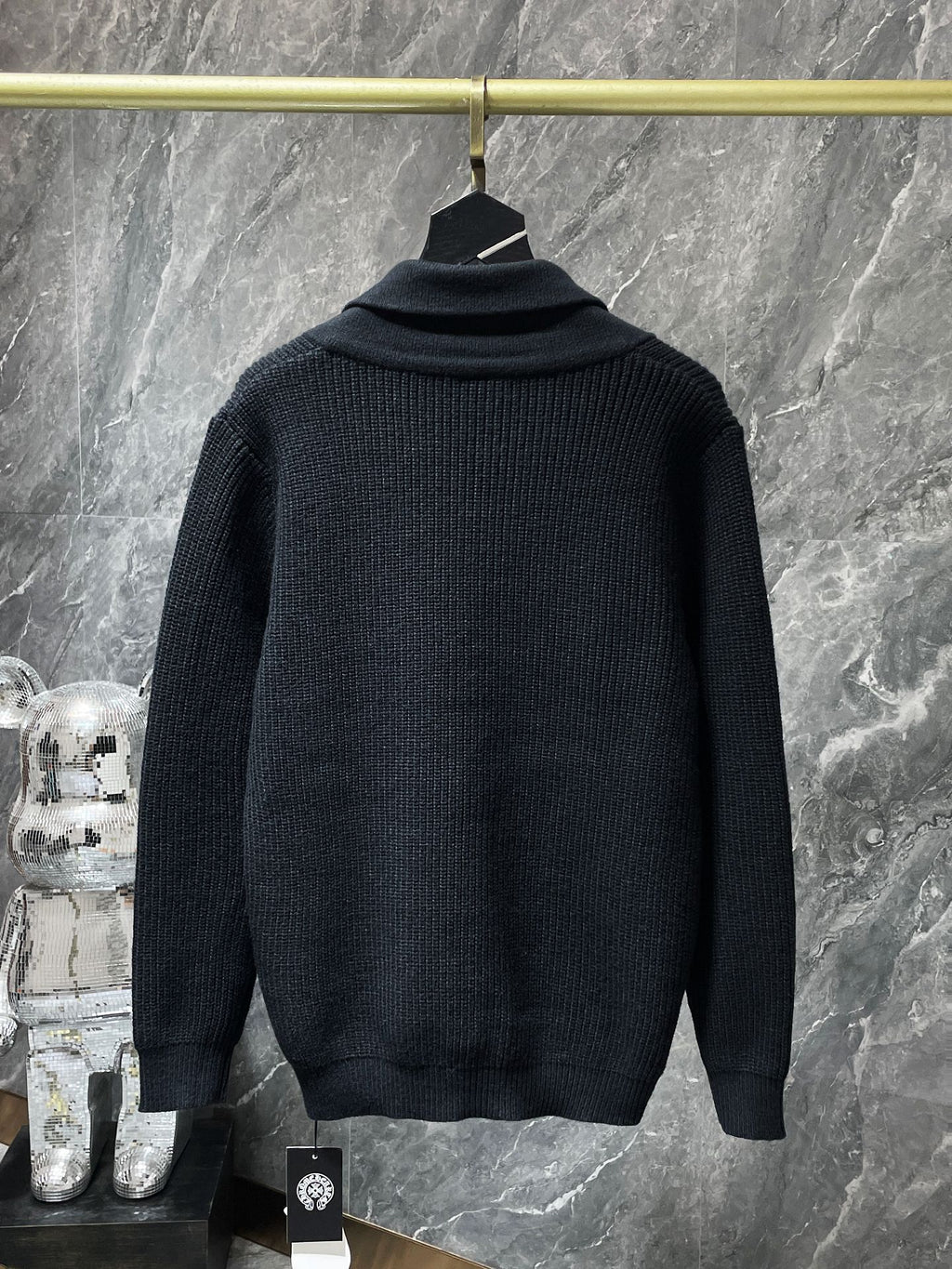 Black Leather Triple Cross Black Knit Cardigan Sweater™