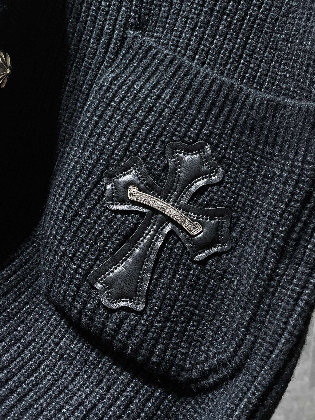Black Leather Triple Cross Black Knit Cardigan Sweater™
