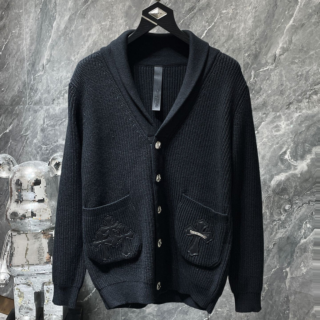 Black Leather Triple Cross Black Knit Cardigan Sweater™