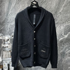 Black Leather Triple Cross Black Knit Cardigan Sweater™