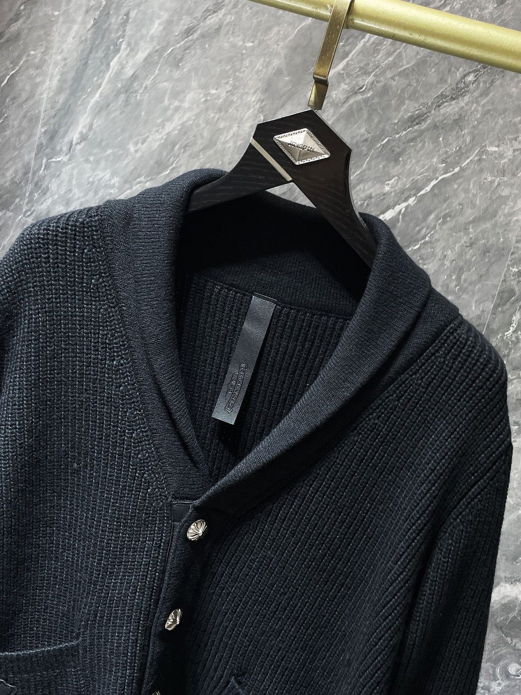 Black Leather Triple Cross Black Knit Cardigan Sweater™