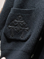 Black Leather Triple Cross Black Knit Cardigan Sweater™