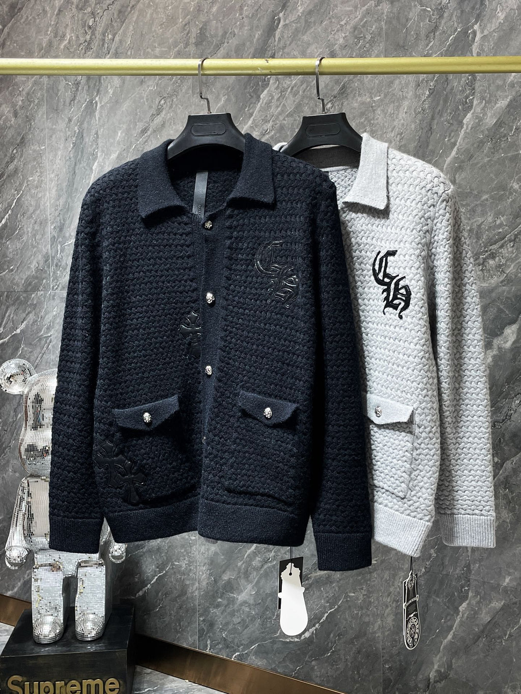 Leather CH Logo Grey Knit Cardigan Sweater™