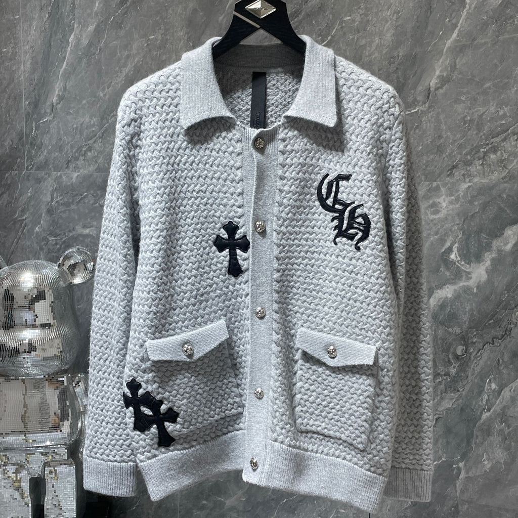 Leather CH Logo Grey Knit Cardigan Sweater™
