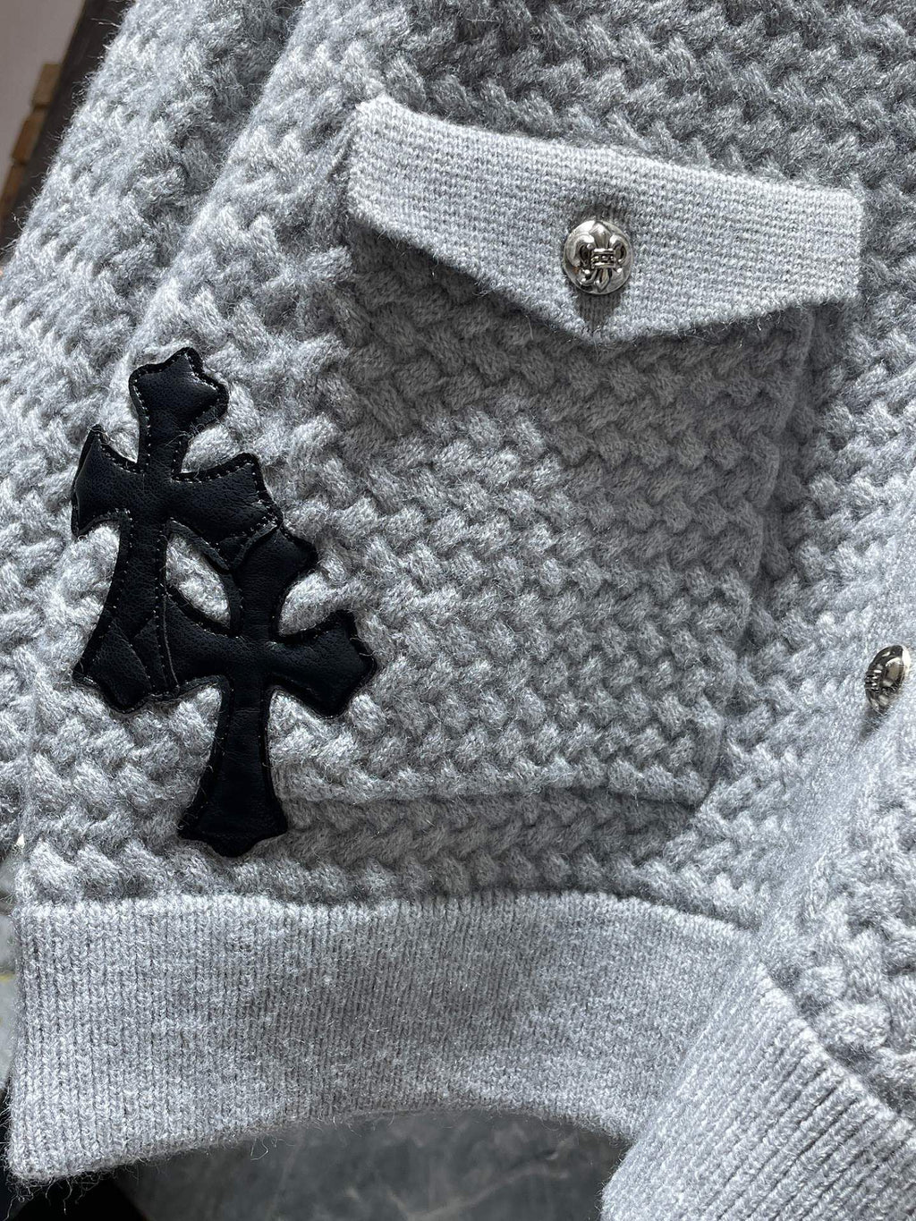Leather CH Logo Grey Knit Cardigan Sweater™