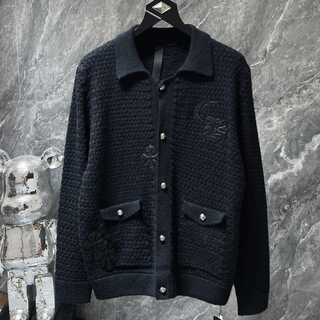 Leather CH Logo Black Knit Cardigan Sweater™