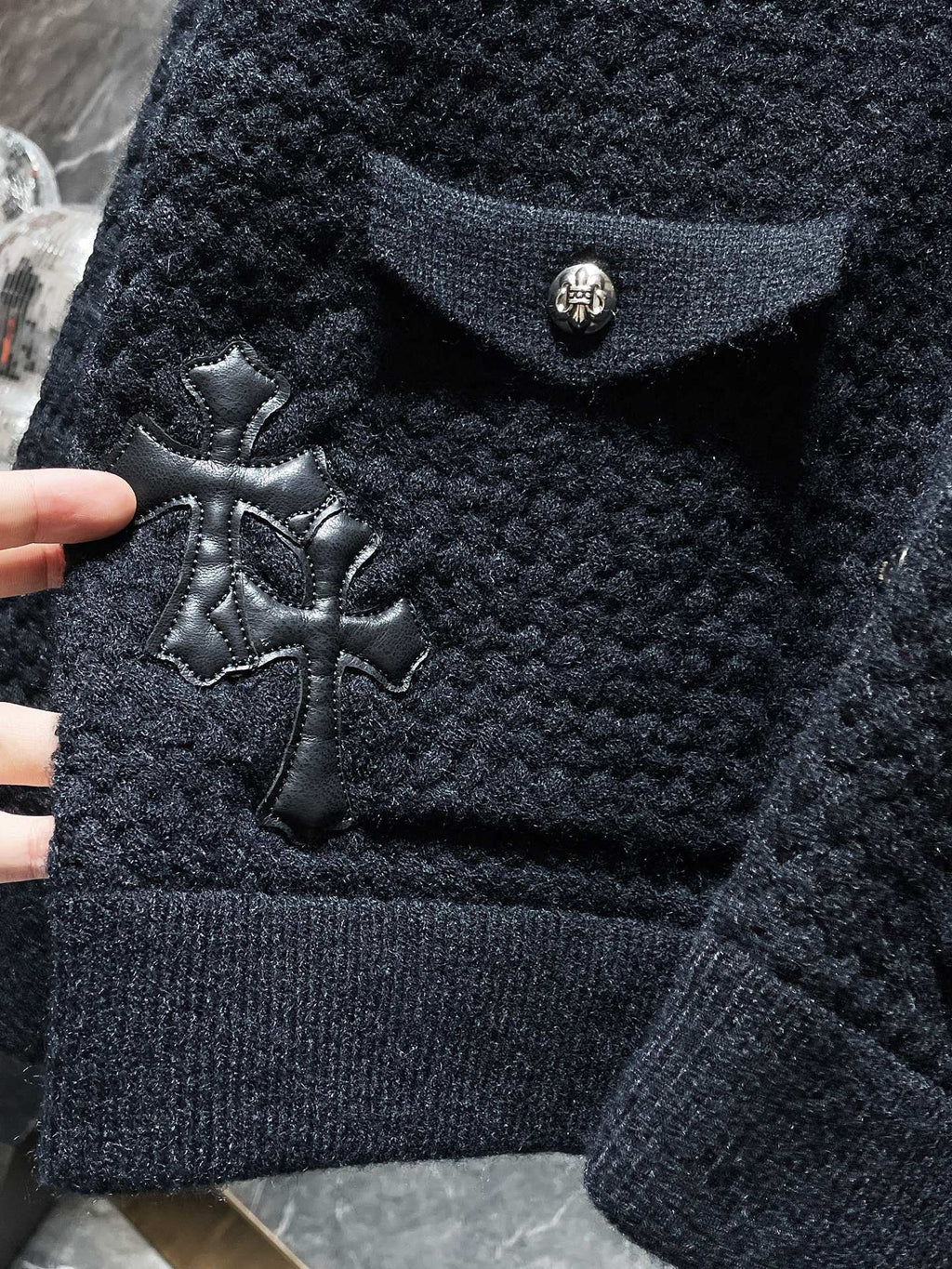 Leather CH Logo Black Knit Cardigan Sweater™