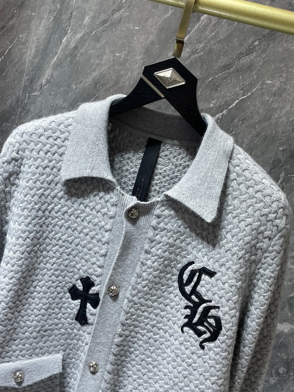 Leather CH Logo Grey Knit Cardigan Sweater™