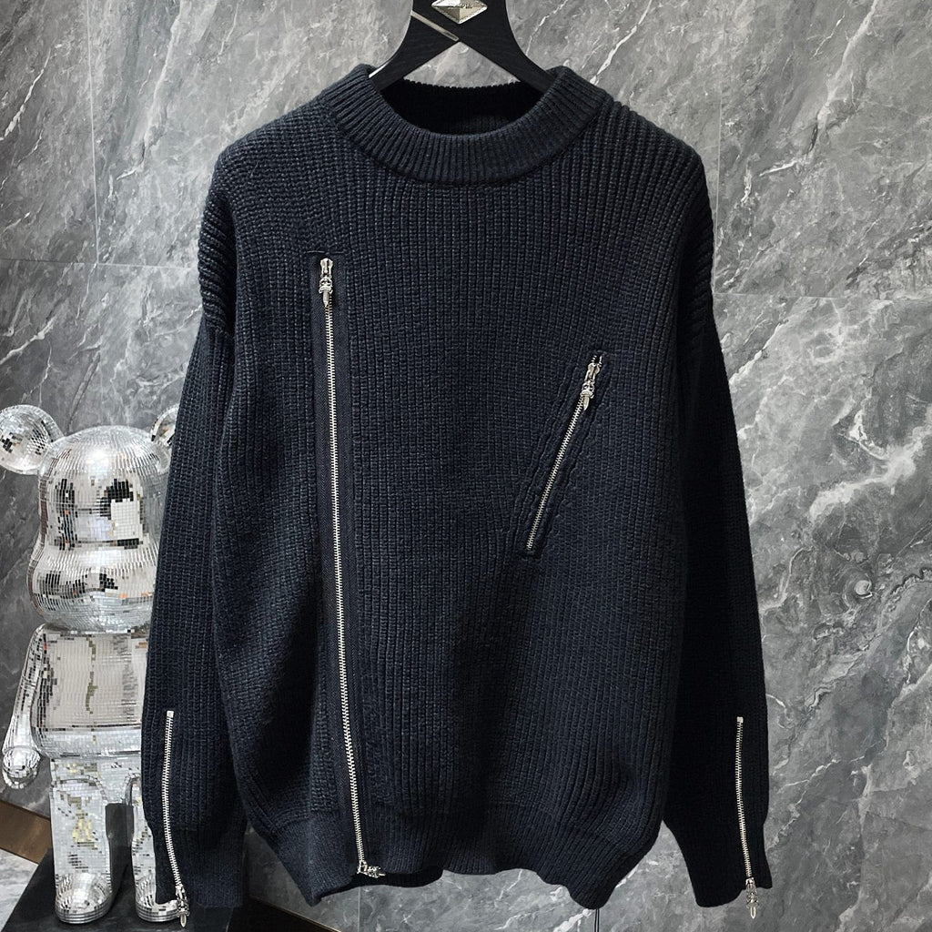 Diagonal Zipper Black Knit Sweater™