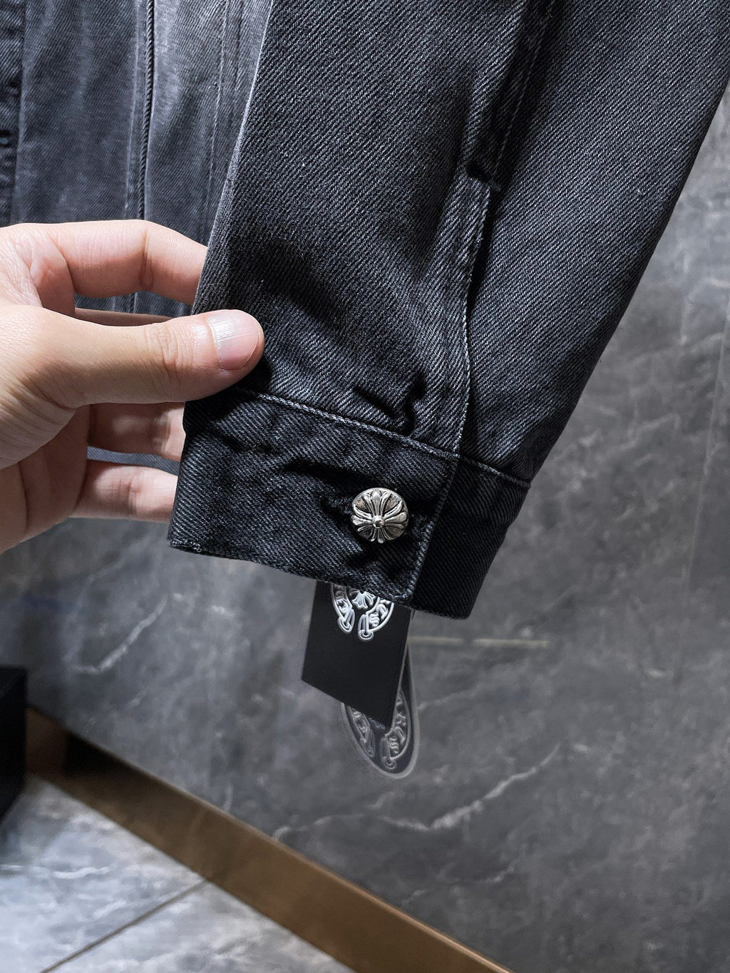Torn Fabric Horse Shoe Logo Faded Black Denim Jacket™
