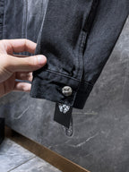 Torn Fabric Horse Shoe Logo Faded Black Denim Jacket™