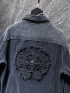 Torn Fabric Horse Shoe Logo Faded Black Denim Jacket™