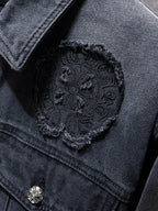 Torn Fabric Horse Shoe Logo Faded Black Denim Jacket™