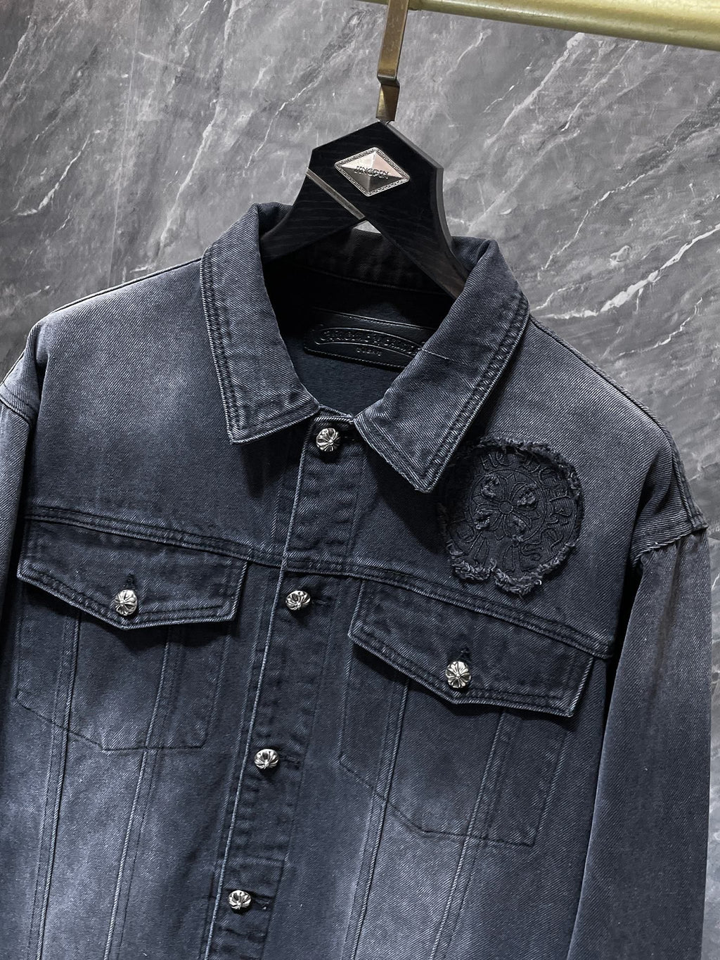 Torn Fabric Horse Shoe Logo Faded Black Denim Jacket™