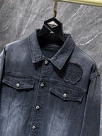 Torn Fabric Horse Shoe Logo Faded Black Denim Jacket™