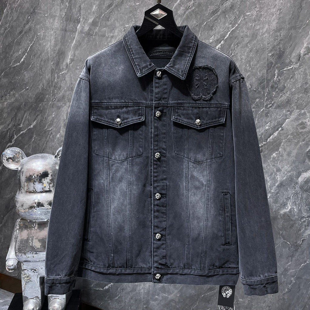 Torn Fabric Horse Shoe Logo Faded Black Denim Jacket™