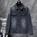 Torn Fabric Horse Shoe Logo Faded Black Denim Jacket™