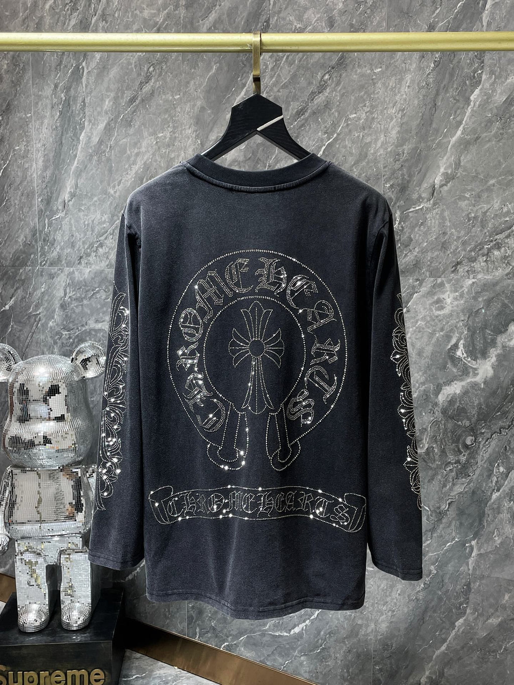 Rhinestone Horse Shoe Logo Faded Black Long Sleeve™