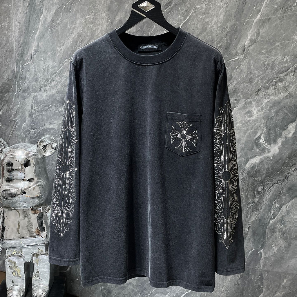 Rhinestone Horse Shoe Logo Faded Black Long Sleeve™