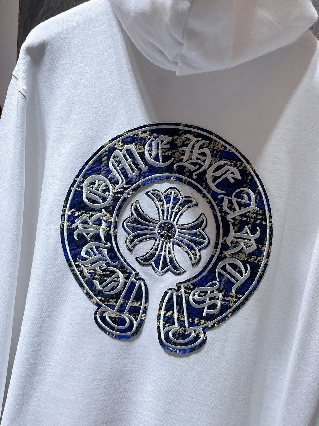 Blue Checkered Horse Shoe Logo White Hoodie™