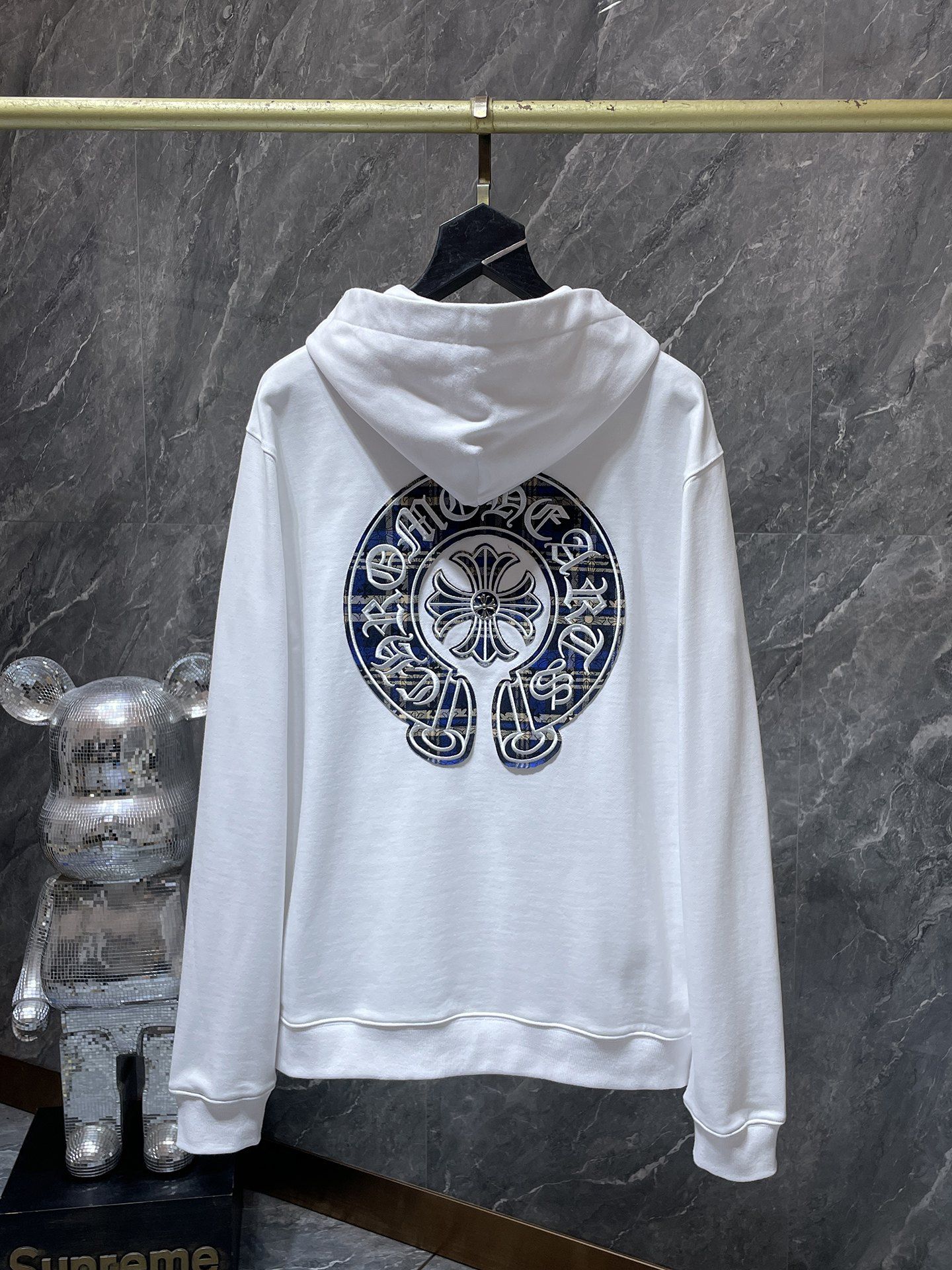 Blue Checkered Horse Shoe Logo White Hoodie™