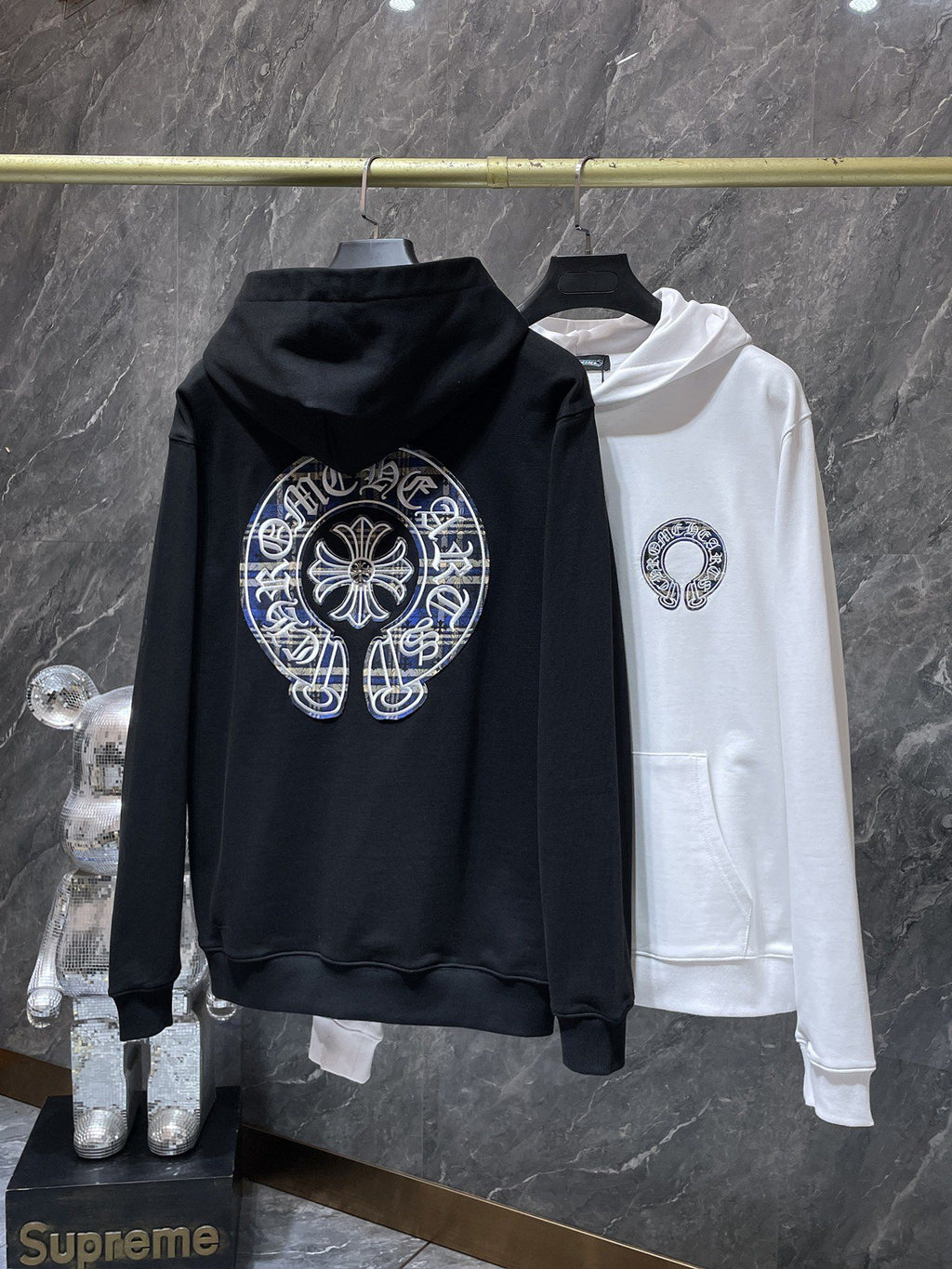 Blue Checkered Horse Shoe Logo Black Hoodie™