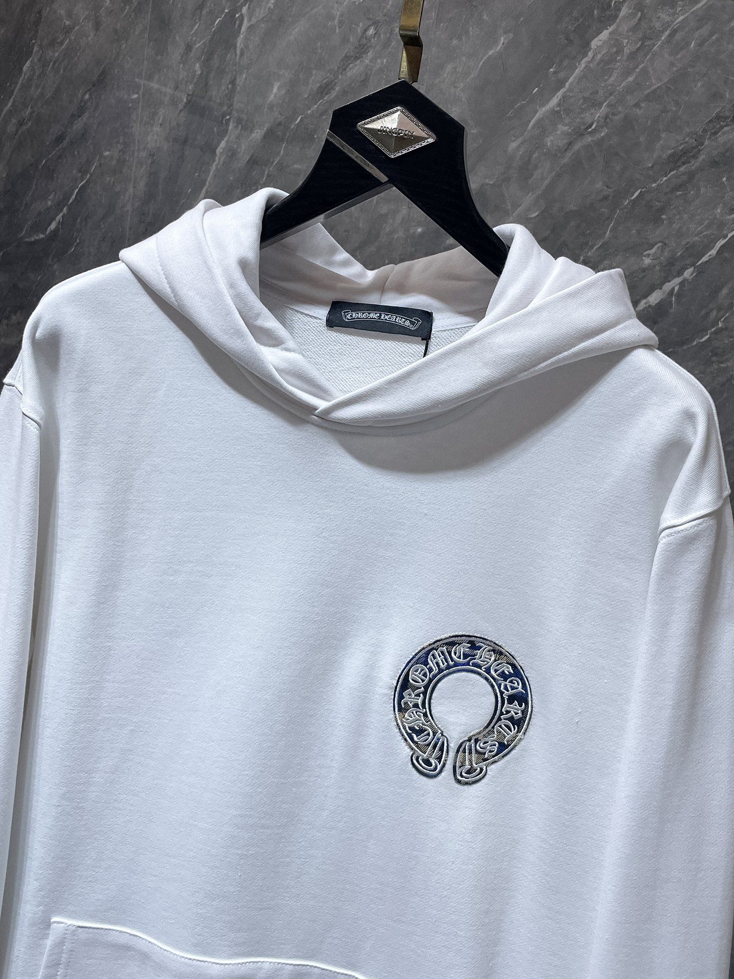 Blue Checkered Horse Shoe Logo White Hoodie™