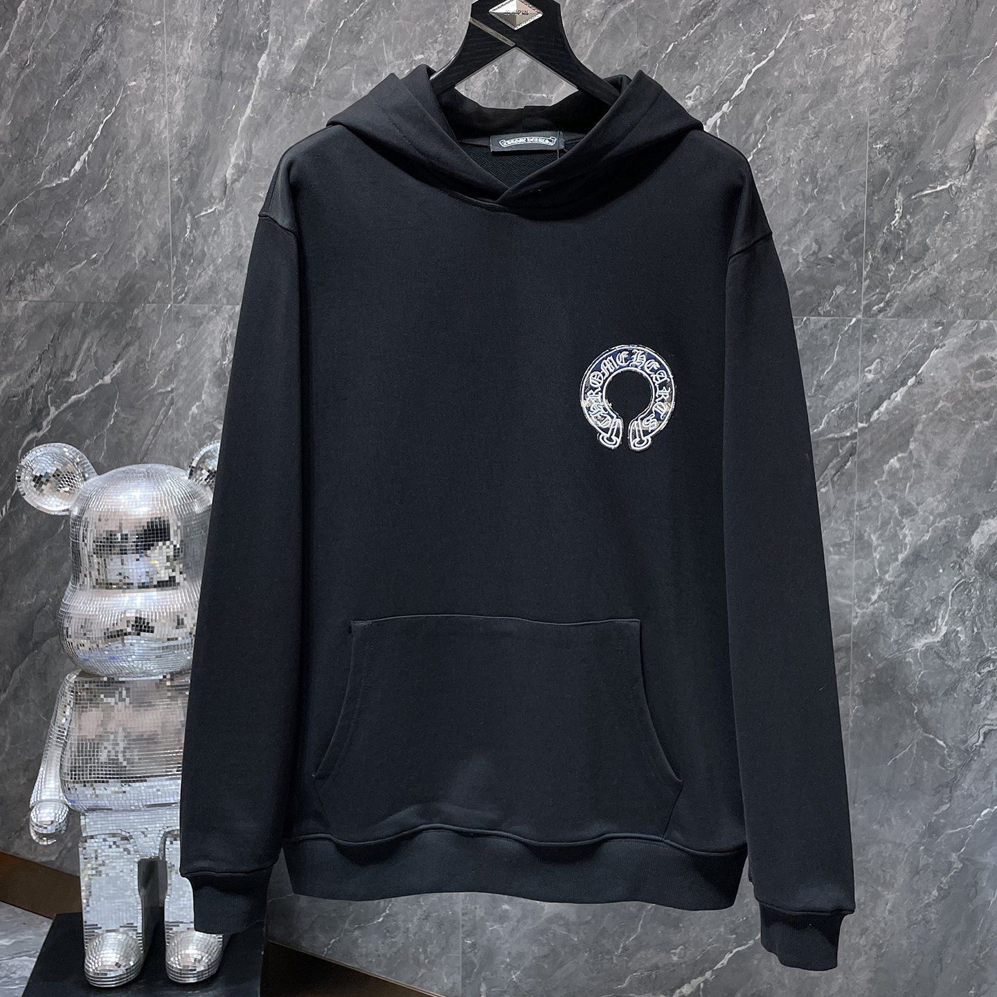 Blue Checkered Horse Shoe Logo Black Hoodie™