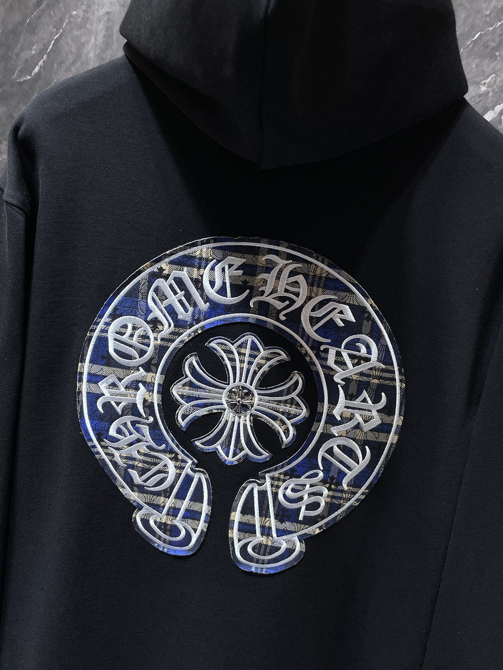 Blue Checkered Horse Shoe Logo Black Hoodie™