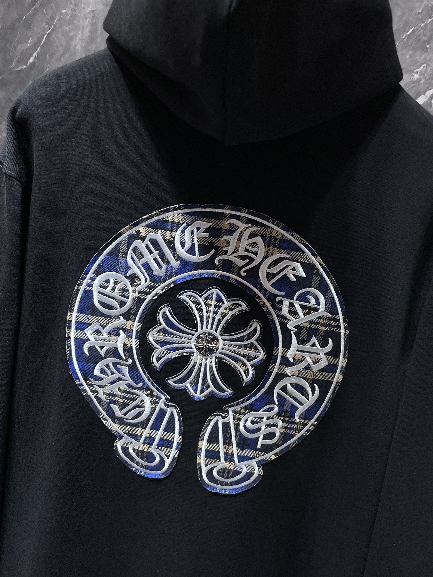 Blue Checkered Horse Shoe Logo Black Hoodie™