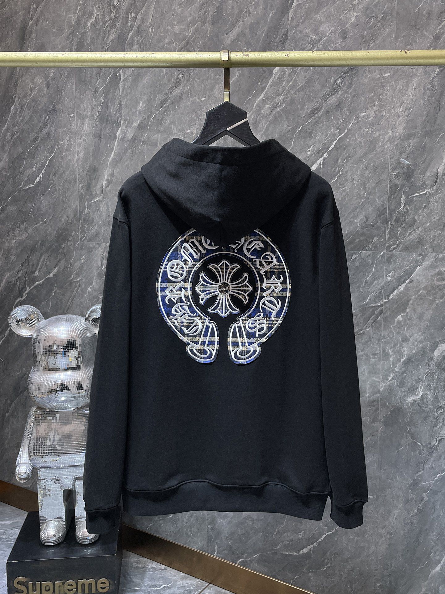 Blue Checkered Horse Shoe Logo Black Hoodie™