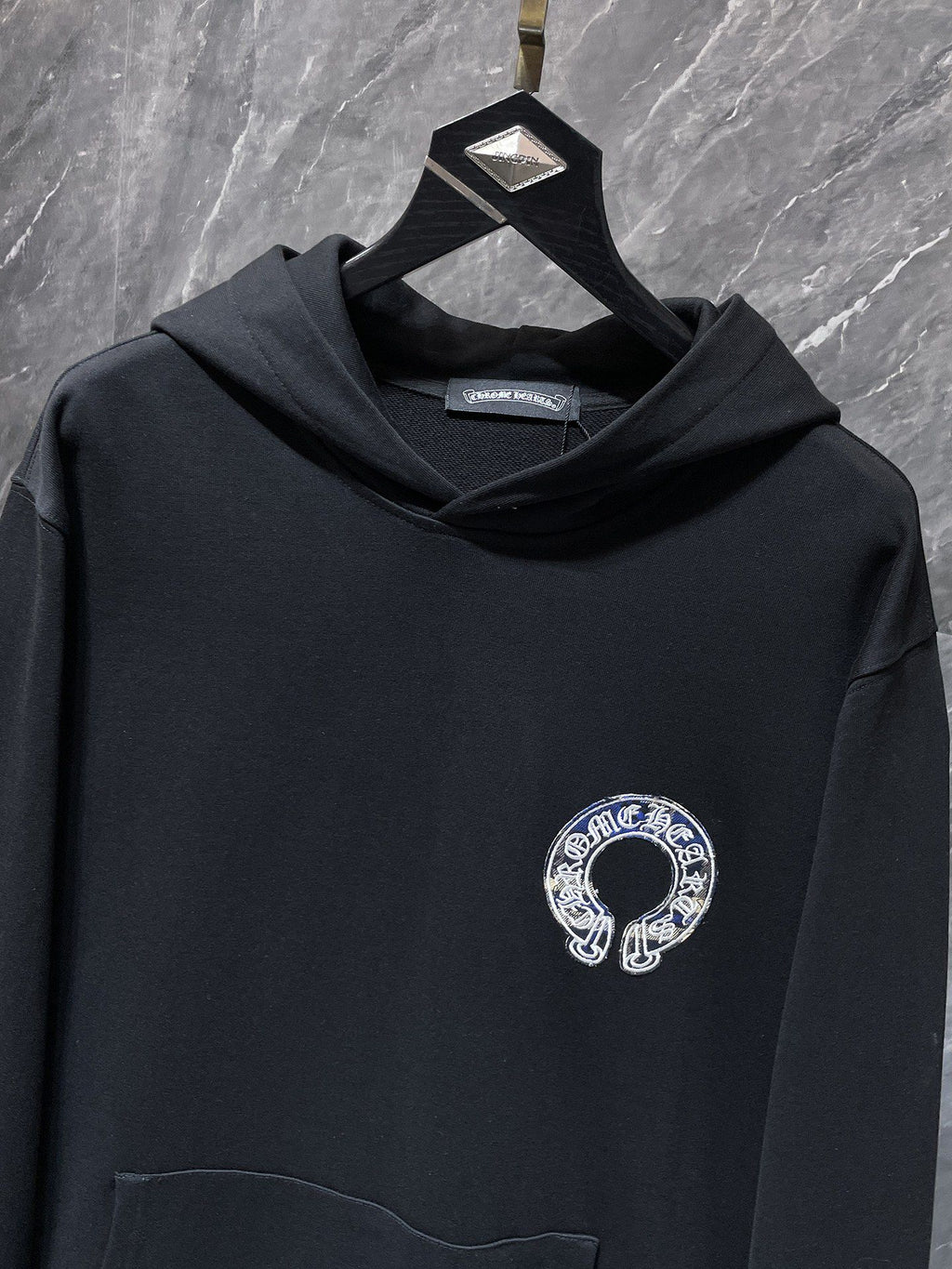 Blue Checkered Horse Shoe Logo Black Hoodie™