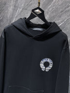 Blue Checkered Horse Shoe Logo Black Hoodie™