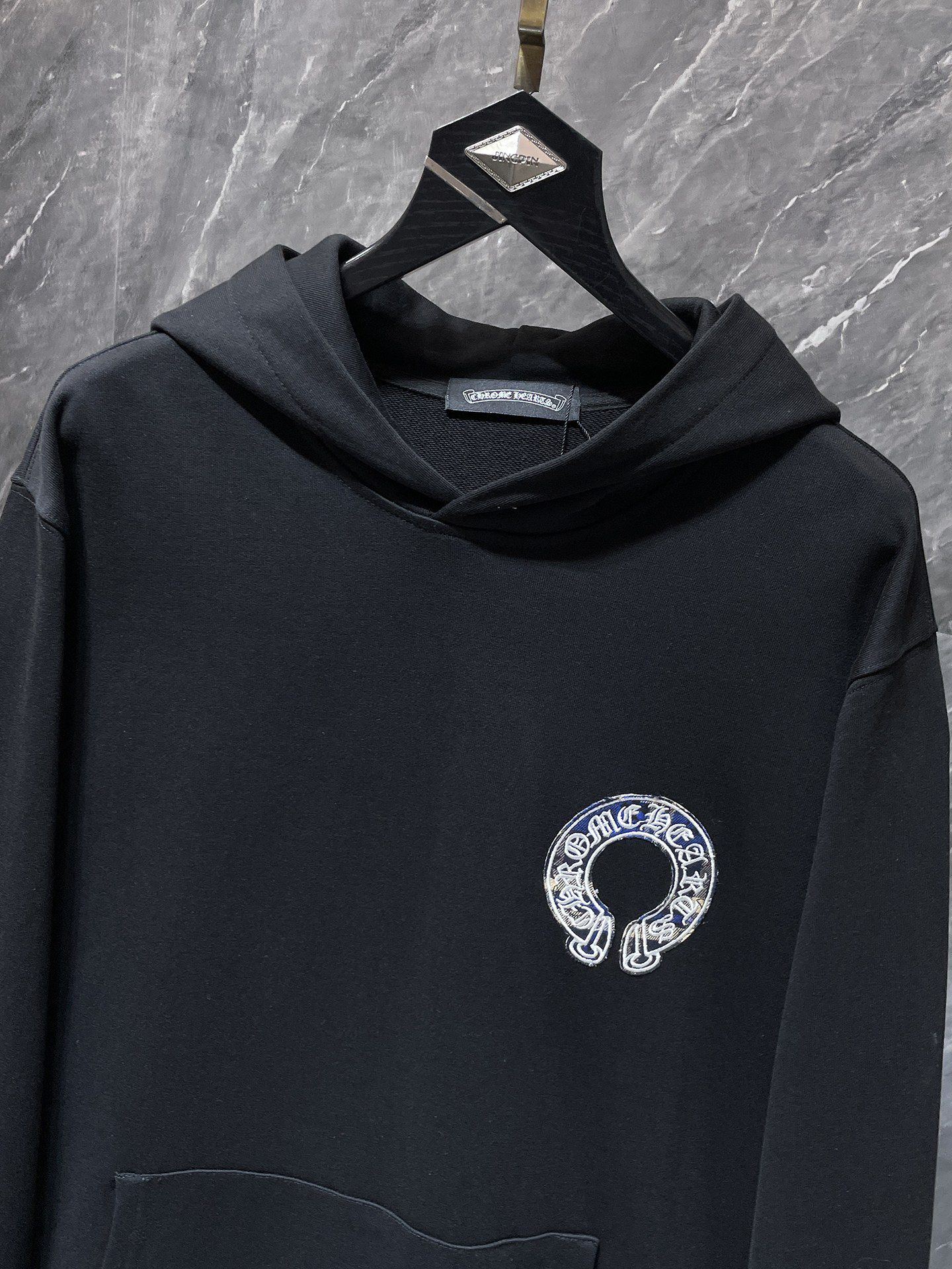 Blue Checkered Horse Shoe Logo Black Hoodie™