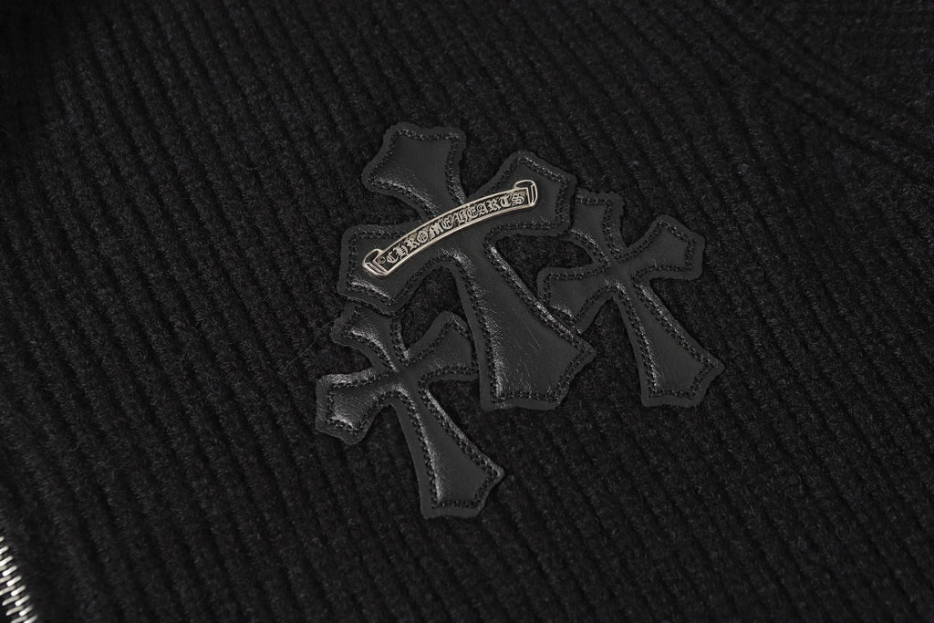 Triple Leather Cross Black Wool Full Zip Hoodie™