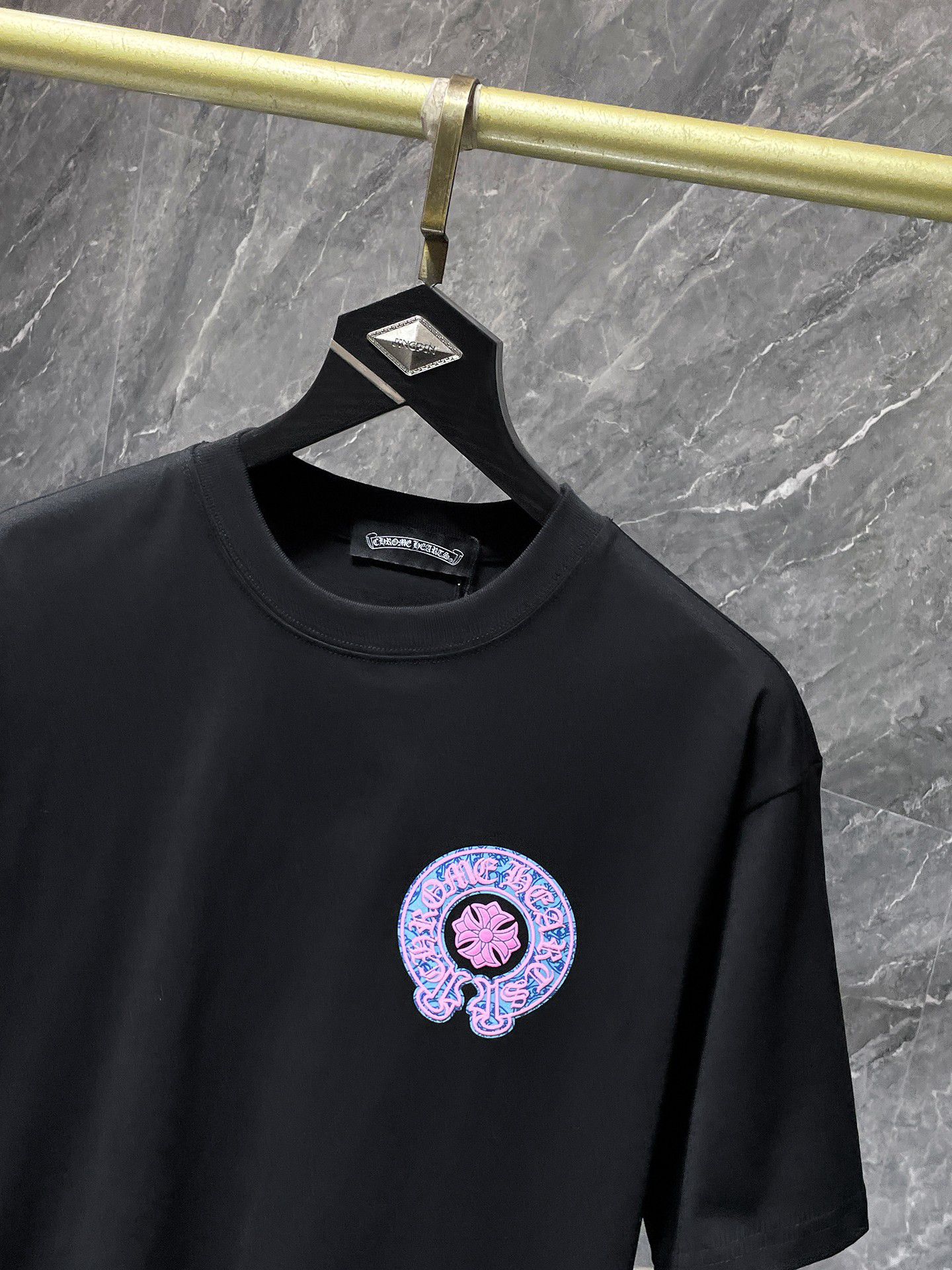 Pink & Blue Horse Shoe Logo Black T-Shirt™