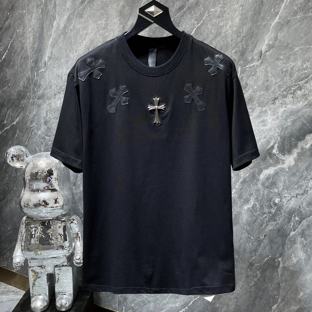 Leather Crosses Neck Collar Black T-Shirt™