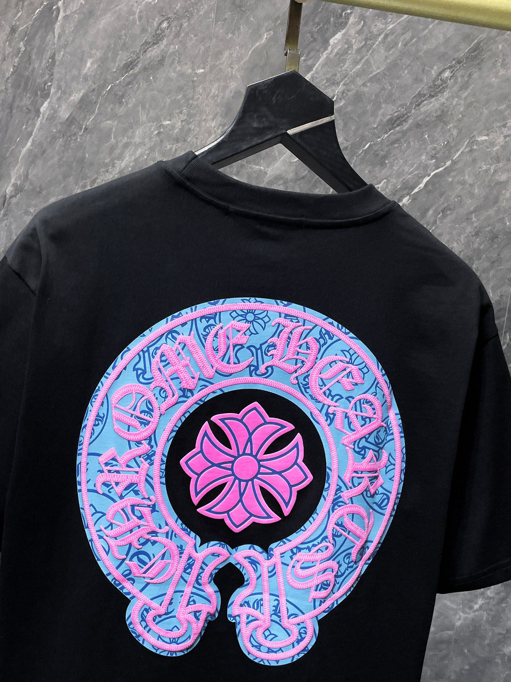 Pink & Blue Horse Shoe Logo Black T-Shirt™
