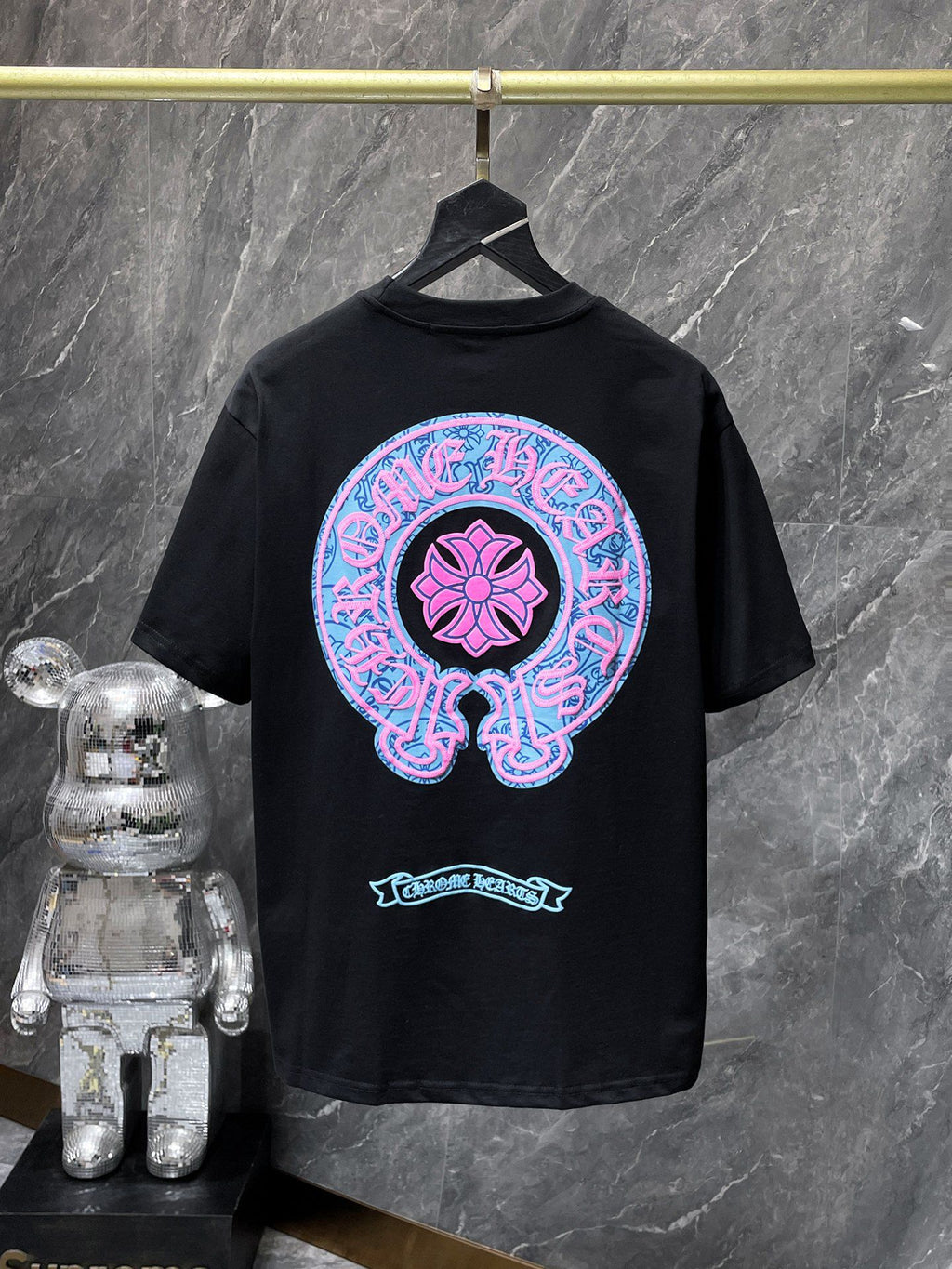 Pink & Blue Horse Shoe Logo Black T-Shirt™