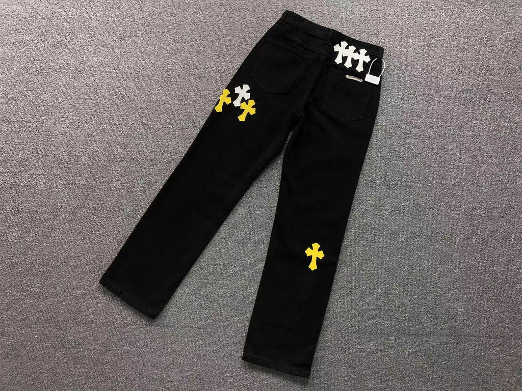 White & Yellow Cross Patch Black Denim Jeans™