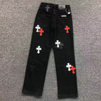 Red White & Black Cross Patch Black Denim Jeans™