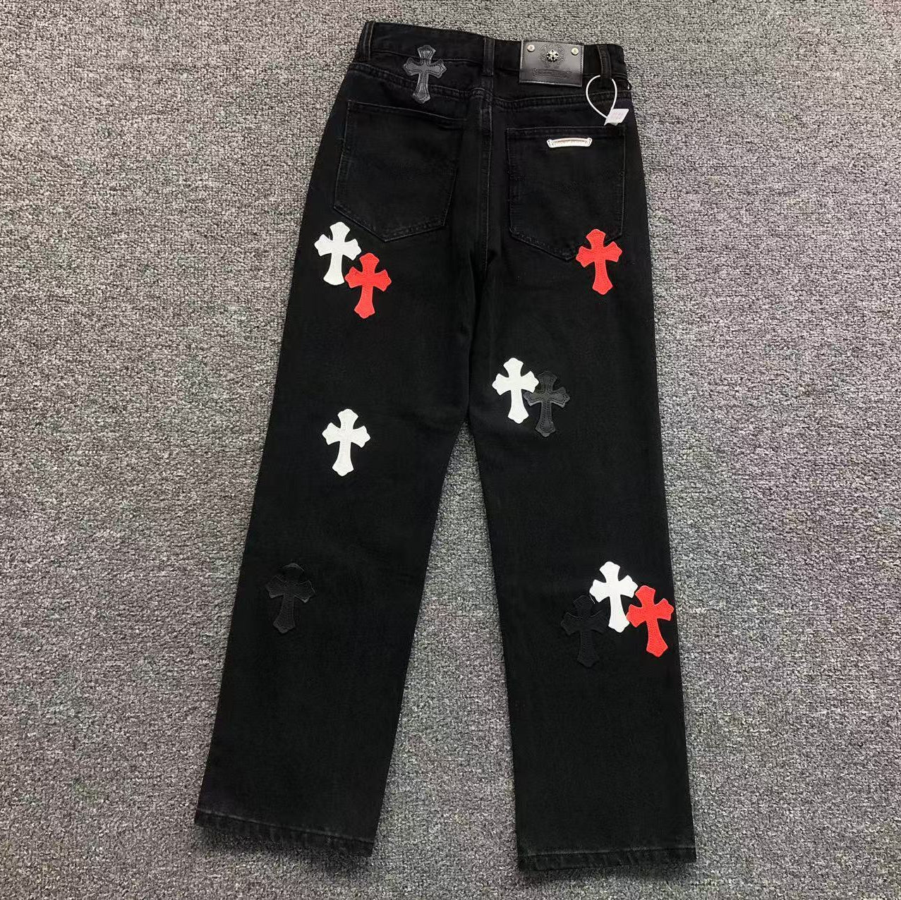 Red White & Black Cross Patch Black Denim Jeans™
