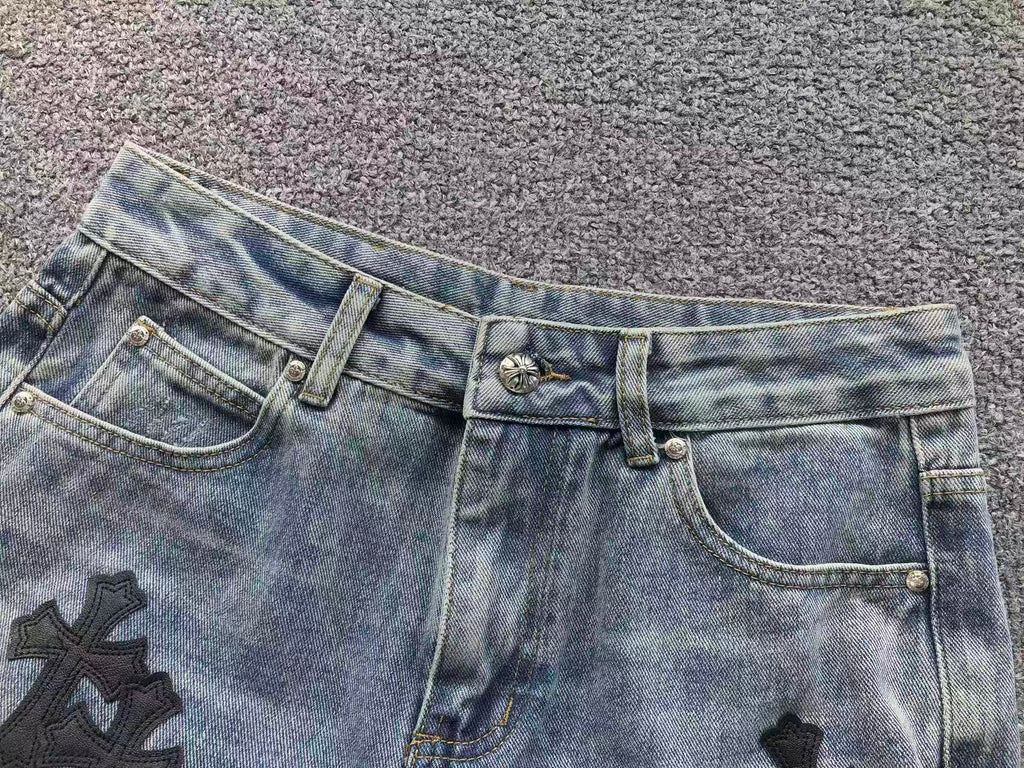 Black Cross Patch Light Denim Baggy Jeans™