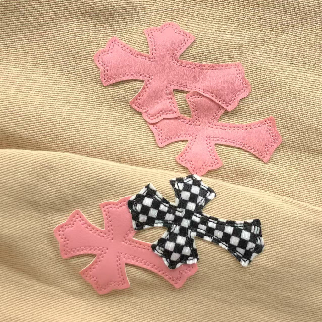 Checkered & Pink Cross Beige Denim Jacket