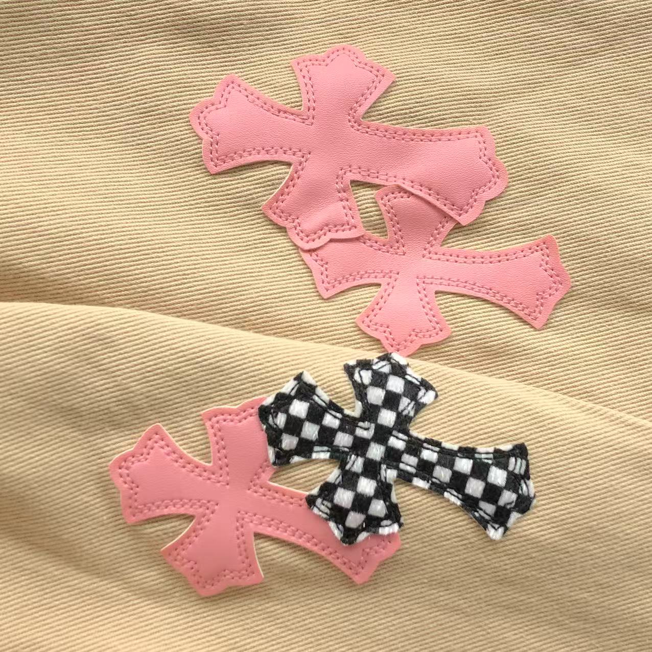 Checkered & Pink Cross Beige Denim Jacket