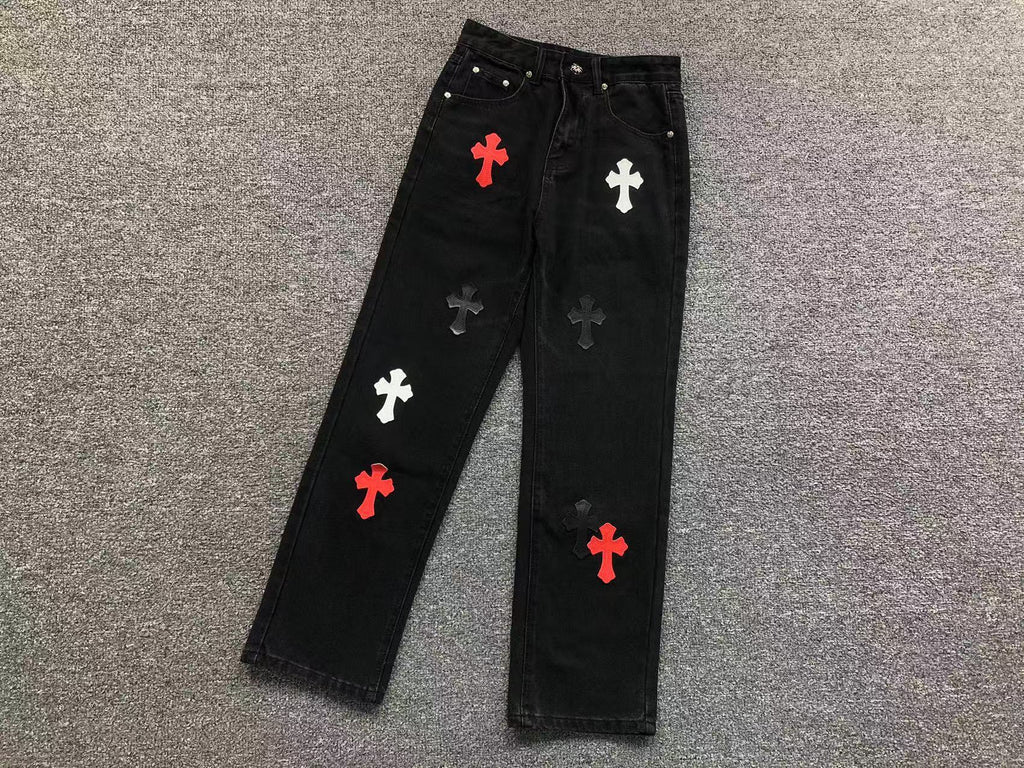 Red White & Black Cross Patch Black Denim Jeans™