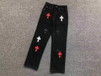 Red White & Black Cross Patch Black Denim Jeans™