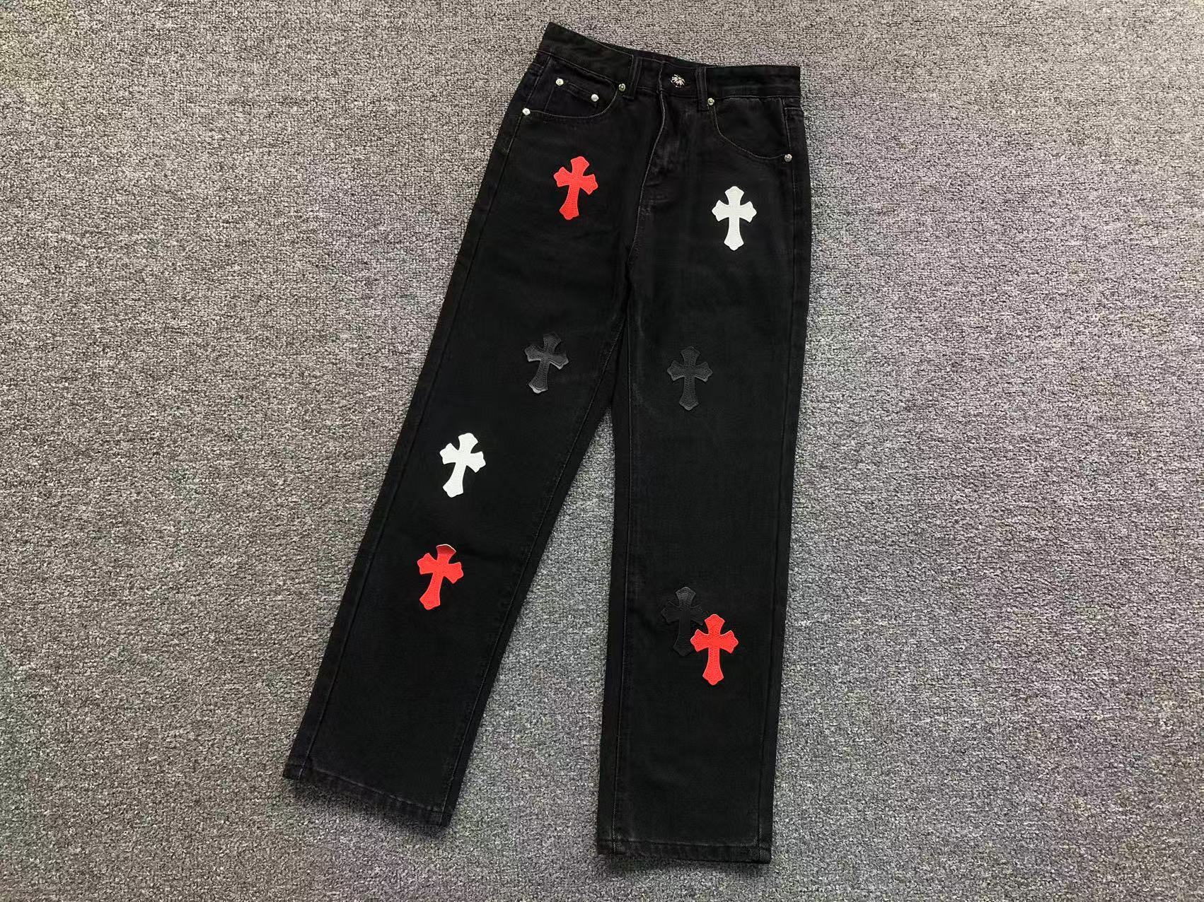 Red White & Black Cross Patch Black Denim Jeans™